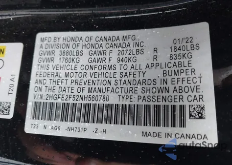 2022 Honda Civic Sport из США, поврежденный, VIN 2HGFE2F52NH560780